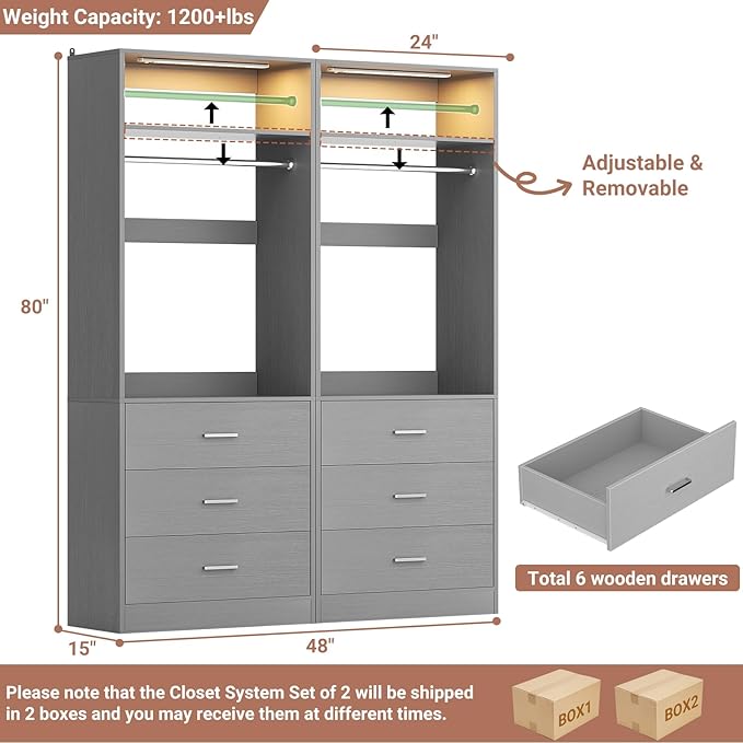 4FT Closet System with 2 Motion Sensor LED Lights, 48" Closet Systems with 6 Drawers, Closet Organizer System with 2 Hanging Rods & 2 Shelves, Heavy Duty 48 Inch Walk-in Closet, Grey