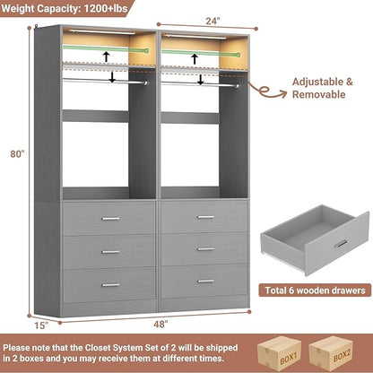 4FT Closet System with 2 Motion Sensor LED Lights, 48" Closet Systems with 6 Drawers, Closet Organizer System with 2 Hanging Rods & 2 Shelves, Heavy Duty 48 Inch Walk-in Closet, Grey