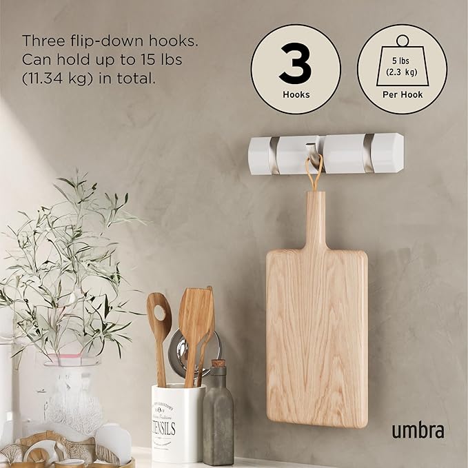 Umbra Flip Wall-Mounted Coat Rack with 3 Hooks – Modern, Space-Saving Storage for Hats, Jackets, Bags, Entryway, Mudroom, Closet, Bathroom, Bedroom – White/Nickel
