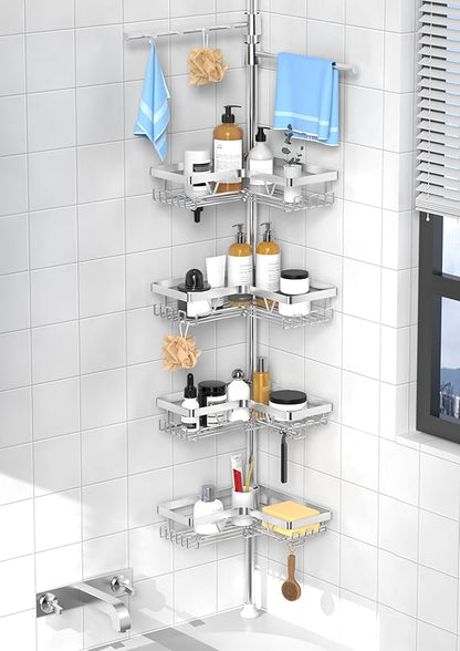 KEGII Shower Caddy Tension Pole with 2 Towel Bars, Adjustable Corner Bathroom Organizer, Rustproof Bathtub Storage Shelves for Shampoo, 25–114.2 Inch Shower Rack for Renters & Family