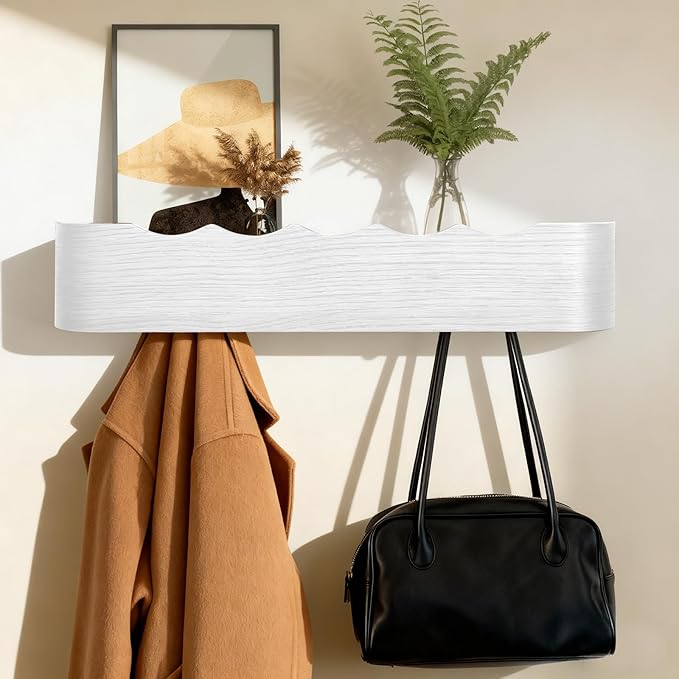 Wall Coat Rack Floating Shelves Modern Coat Rack Wall Mount with Storage Entryway Shelf Wooden Hanger 20 Inch 4 Hidden Metal Hooks for Living Room Bedroom (Wavy White, 5 Hooks)