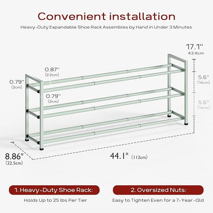 Bumusty 3-Tier Long Expandable Shoe Rack for Closet, 18"-44" Adjustable Shoe Rack for Entryway, 15-18 Pairs Large Shoe Organizer Shelf Storage, Sturdy Metal, Green