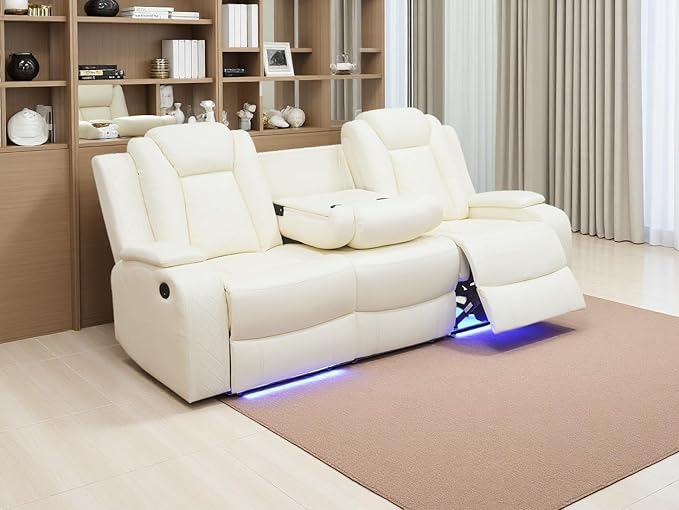 Power Recliner Sofa Set, Ivory White Leather Sectional Reclining Sofa with 2 Recliner Seats, Living Room Furniture Set with LED Light/Cup Holder/Storage Console for Office & Living Room