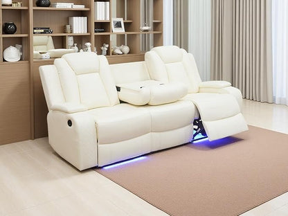 Power Recliner Sofa Set, Ivory White Leather Sectional Reclining Sofa with 2 Recliner Seats, Living Room Furniture Set with LED Light/Cup Holder/Storage Console for Office & Living Room