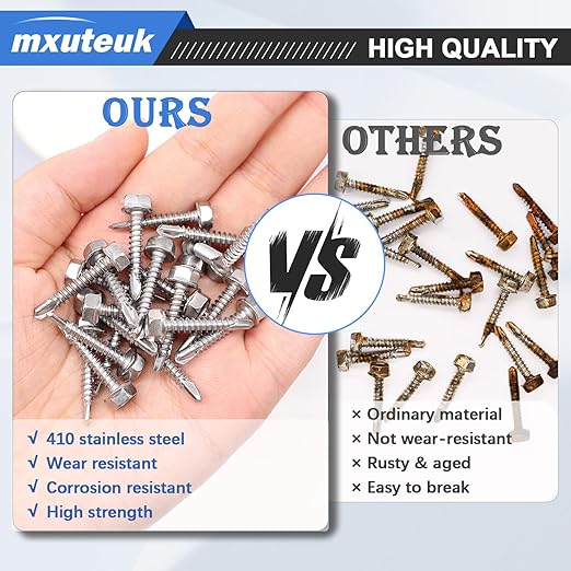 mxuteuk 300PCS #8×3/4" Self Tapping Screws,410 Stainless Steel Self Tapping Screws for Metal,Hex Washer Head Self Drilling Screw Suitable for Wood,Metal or Tough Materials(150pcs Screw+150pcs Washer)