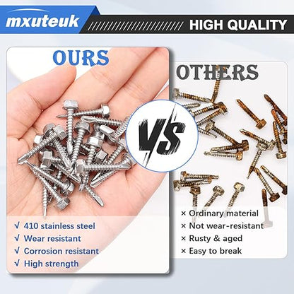 mxuteuk #8×1" Self Tapping Screws,410 Stainless Steel Self Tapping Screws for Metal,Self Drilling Screws,Hex Washer Head Sheet Metal Screws Suitable for Wood, Metal or Tough Materials(170PCS)