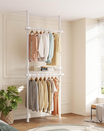 Floor-to-Ceiling Clothing Rack with Wire Storage Basket, Double Hanging Rods, Adjustable Tension Closet Organizer for Bedroom, Walk-In Closet, Laundry Room, 2-Pole, White
