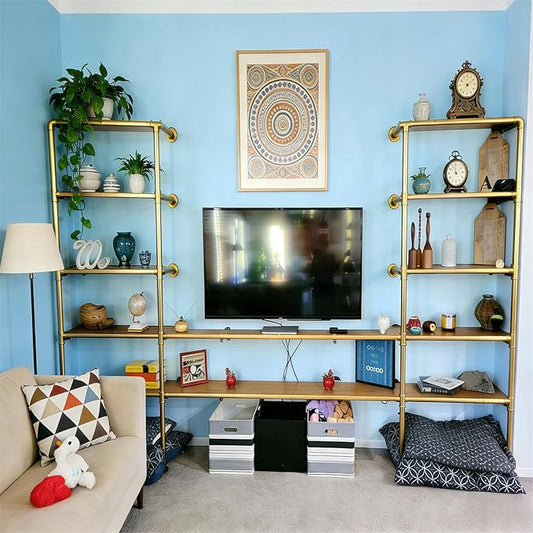 Gold Industrial Wall Mount Iron Pipe Shelf Bracket,Retro DIY Open Bookshelf,Storage Shelves, Ceiling hung Shelves for Home Kitchen Bathroom Living Room Office(2PcsX5Tier,68"Tall,10"deep,Hardware Only)