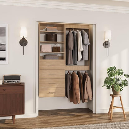 ROOMTEC Modular Closet System, 49" Wall-Mounted Closet Organizer with Drawers and Hanging Rods, Wooden Tower for Walk-In Closets, Wardrobe Storage Kit, Wood