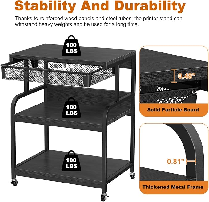 EasyCom 23.6''x18.9'' Extra Large Printer Stand with Drawer, 5-Adjustable Heights 3 Tier Table with Wheels, Rolling Printer Cart with Storage for Printer Scanner Fax Home Office Use