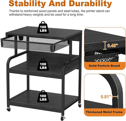 EasyCom 23.6''x18.9'' Extra Large Printer Stand with Drawer, 5-Adjustable Heights 3 Tier Table with Wheels, Rolling Printer Cart with Storage for Printer Scanner Fax Home Office Use