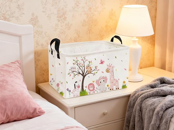 Essme Rectangular Animal Baskets,Pink Storage Basket with Handles for Girls Room Decor,Cute Storage Bin（Pink animal）