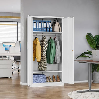 MIIIKO Metal Clothing Storage Locker, Steel Wardrobe Cabinets with Shelves and Hanging Rod, 72" Large Storage Locker Closet for Garments, Sports Equipment and Shoes