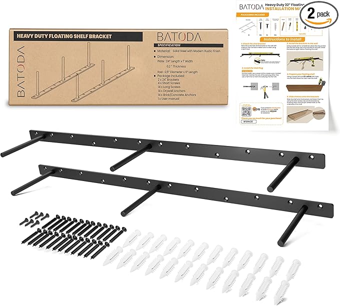 BATODA 32" Heavy Duty Floating Shelf Bracket (2 pcs) – Solid Steel Blind Shelf Supports - Hidden Brackets for Floating Wood Shelves Kitchen, Living Room - Shelving Mounting Hardware Included (Pack 2)