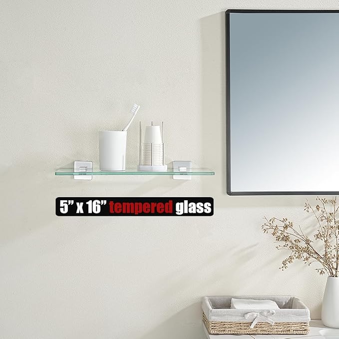 JQK Bathroom Glass Shelf, Floating Tempered Glass Shower Storage 16 by 5 inches, 304 Stainless Steel Polished Chrome Wall Mount, TGS201L16-CH