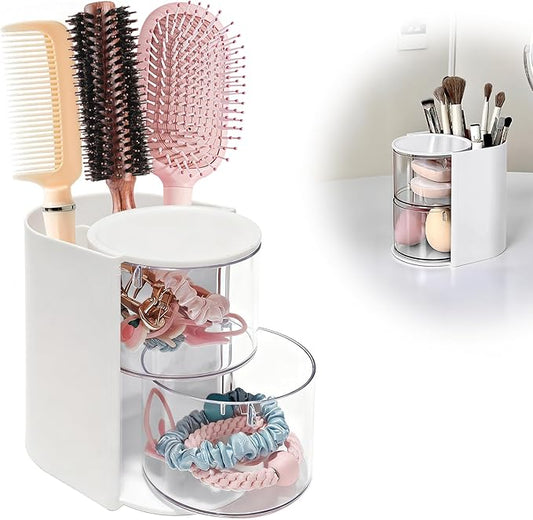 Hair Brush Holder & Hair Accessory Organizer, 2-Layer Clear Hair Accessories Organizer Rotatable Small Jewelry Box for Clip Earring Necklaces, The Latest Gift for A Girl. (white, "Trumpet") Hair Caddy