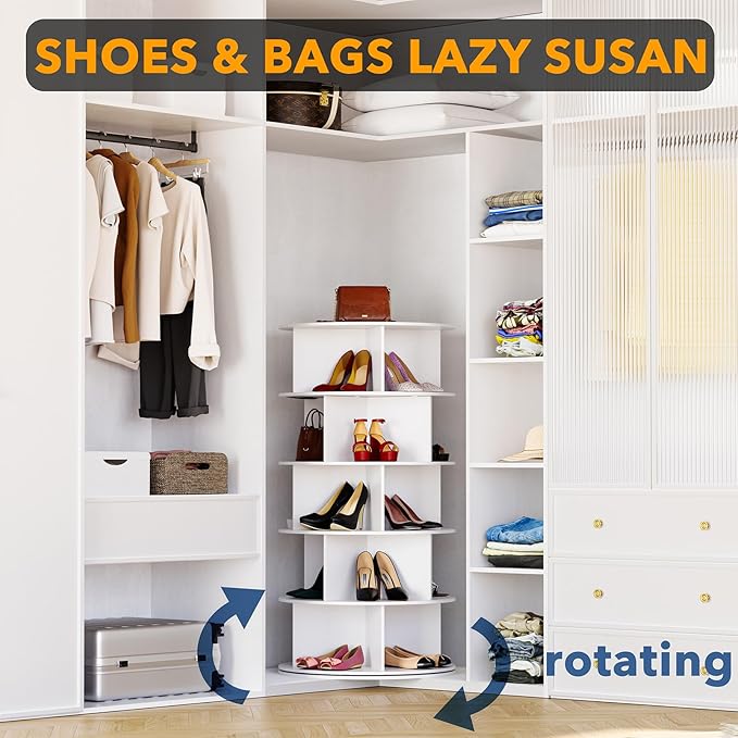 SpaceAid Cross Style 5-Tier Rotating Shoe Organizer, Spinning Shoe Rack Tower, 360 Display Lazy Susan Storage, Handbag Rotate Tower Closet Organization (Modern Style, White)