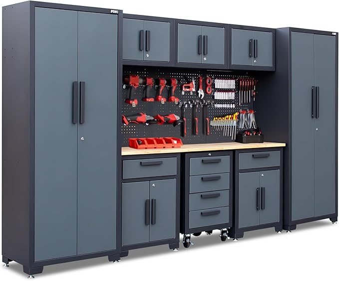 Garage Storage Cabinet System 9-Pcs Workshop Set Garage Cabinets and Storage System with Steel Drawers, Rolling Chest, Workbench, Pegboard for Tool Organization