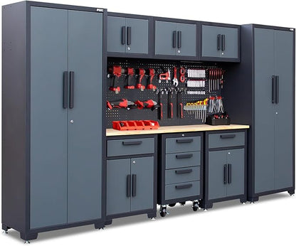 Garage Storage Cabinet System 9-Pcs Workshop Set Garage Cabinets and Storage System with Steel Drawers, Rolling Chest, Workbench, Pegboard for Tool Organization