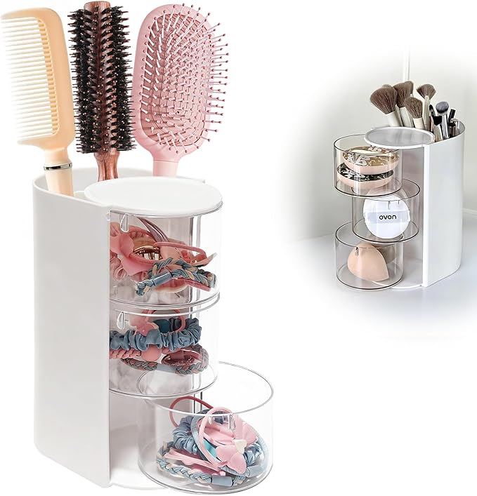 Hair Accessory Organizer & Hair Brush Holder, 3-Layer Clear Hair Accessories Organizer Rotatable Small Jewelry Box for Clip Earring Necklaces, The Latest Gift for A Girl. (white) Hair Caddy