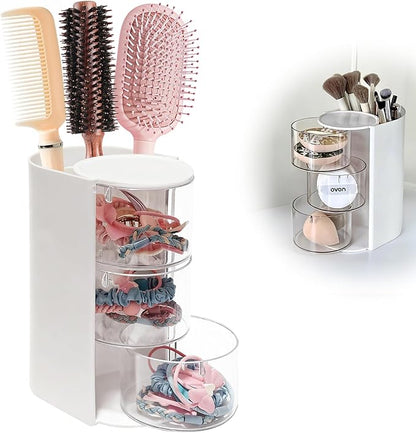 Hair Accessory Organizer & Hair Brush Holder, 3-Layer Clear Hair Accessories Organizer Rotatable Small Jewelry Box for Clip Earring Necklaces, The Latest Gift for A Girl. (white) Hair Caddy