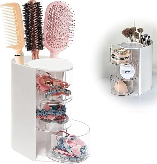 Hair Accessory Organizer & Hair Brush Holder, 3-Layer Clear Hair Accessories Organizer Rotatable Small Jewelry Box for Clip Earring Necklaces, The Latest Gift for A Girl. (white) Hair Caddy