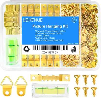 251Pcs Picture Hanging Kit, Include 50 Sawtooth Picture Hangers, 50 D Rings, 150 Screws and Bubble Level, Heavy Duty Picture Frame Hanging Hardware for Wall Artworks Frame Canvas Mounting
