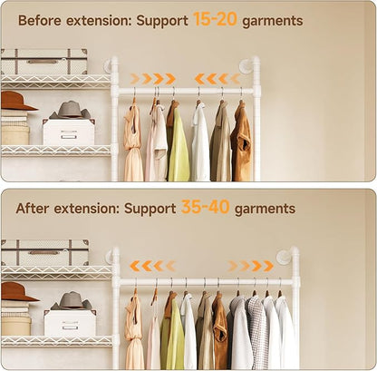 U5 Wall Mounted Closet System, Industrial Pipe Clothing Rack Garment Racks for Hanging Clothes, Heavy Duty Closet Organizers System in Wardrobe Closet, White