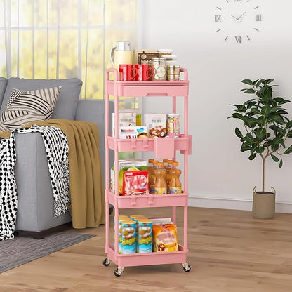 4 Tier Rolling Utility Cart with Drawer, Plastic Storage Organizer Rolling Carts with Wheels Handles Hanging Cups Hooks for Office, Bathroom, Kitchen,Craft Art Room (Pink)