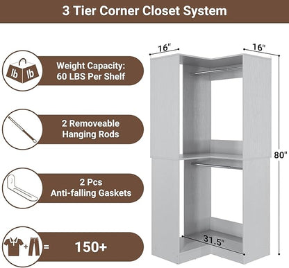 Armocity Corner Closet System, 32 Inches Wide Wood Corner Unit with 2 Hanging Rods and All Hardware Kits, 3-Tier 80'' Height Corner Wood Closet Tower, Grey