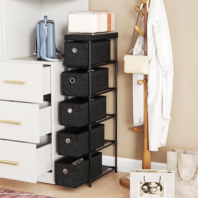 Giantex Dresser with 5 Drawers, Slim Fabric Storage Tower with Metal Frame, Wood Top & Easy Pull Handles, Space-Saving Chest of Drawers for Living Room, Office, Closet, Hallway & Entryway, Black