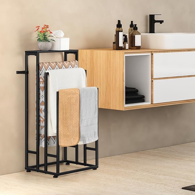 Freestanding Towel Rack 3 Tier Towel Drying Rack for Bathroom Small Standing Hand Towel Holder Black Towel Rack Stand with Storage Shelf for College Dorm Pool Side (Black)
