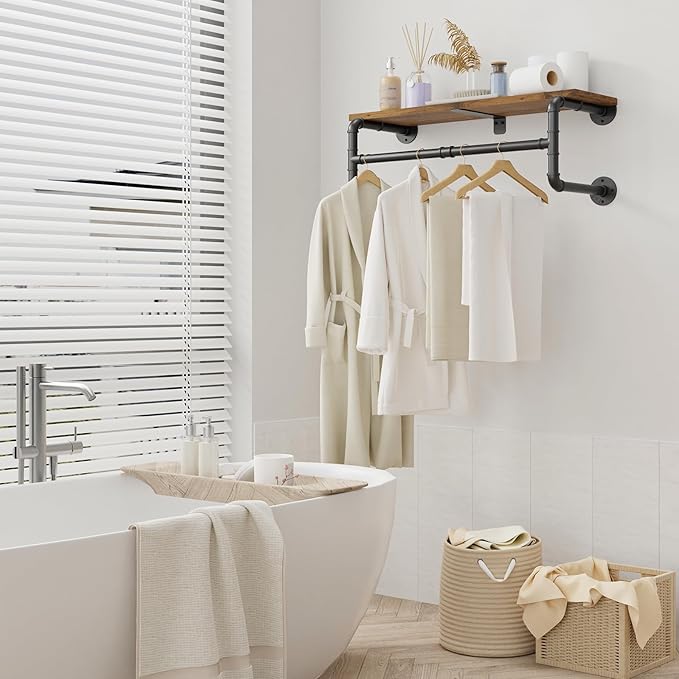 Yawinhe Industrial Pipe Clothes Rack with Top Shelf, Wall Mounted, Space Saving Hanger with 4 Bases, for Shops, Homes, 27.5''Lx10.2''Wx10.2''H, Rustic Brown, 1-Pack
