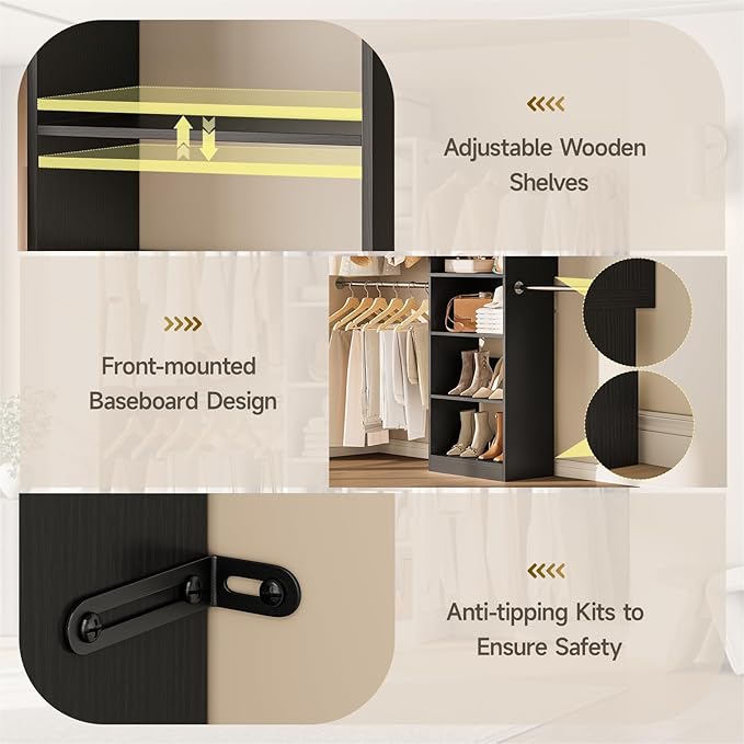 W1 Closet System, 3.5FT-7.7FT Closet Organizer System with 4 Chrome-Plated Telescopic Rods & 6 Adjustable Shelves, Custom Wood Walk-In Closet Wall-Mounted Clothing Rack, Black