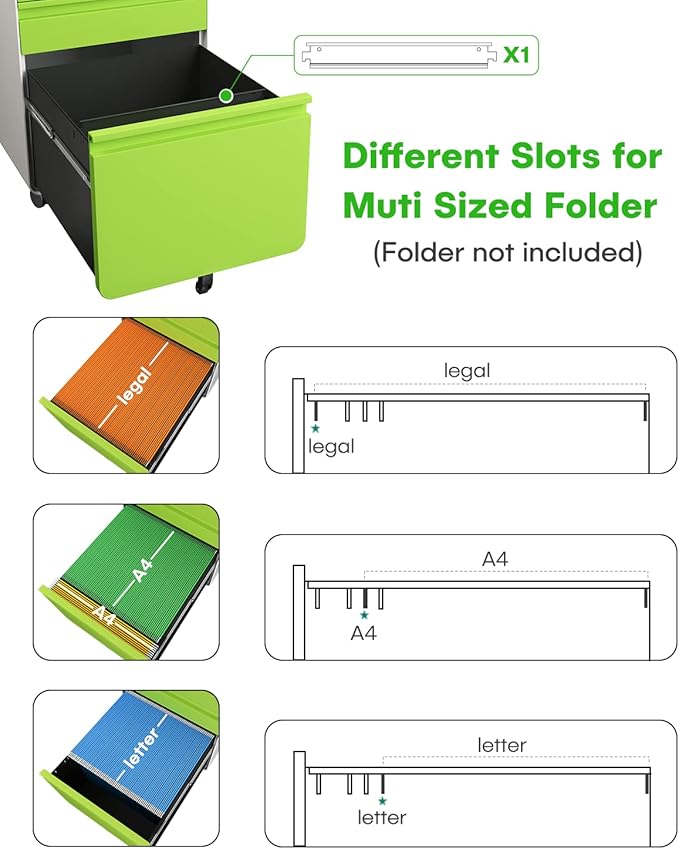 Dripex 3 Drawer File Cabinet, Metal Filing Cabinets with Lock Wheels & Hanging Rail for A4/Legal/Letter File, Anti-tilt Under Desk Design, Lockable Rolling Mobile File Cabinet for Home Office (Green)
