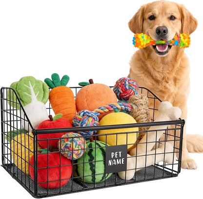 Indestructible Dog Toy Basket, 42.5x28x21.5cm/16.7x11x8.5in Metal Storage Bin for Chew Toys Bones and Treats Durable Toy Organizer for Living Room Area (Black)