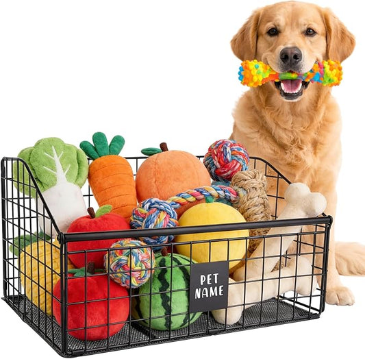 Indestructible Dog Toy Basket, 42.5x28x21.5cm/16.7x11x8.5in Metal Storage Bin for Chew Toys Bones and Treats Durable Toy Organizer for Living Room Area (Black)