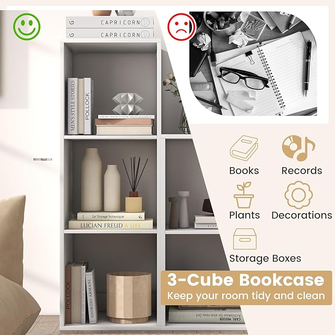 Giantex 3-Cube Bookcase, White Cubby Bookshelf w/Back Guardrail & Anti-Tipping Kits, 4-Tier Freestanding Storage Organizer with Shelves, Open Back Display Rack for Living Room, Bedroom, Study