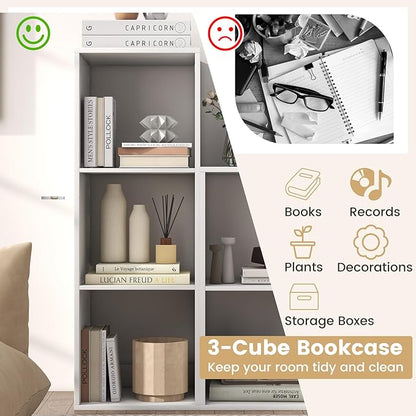 Giantex 3-Cube Bookcase, White Cubby Bookshelf w/Back Guardrail & Anti-Tipping Kits, 4-Tier Freestanding Storage Organizer with Shelves, Open Back Display Rack for Living Room, Bedroom, Study