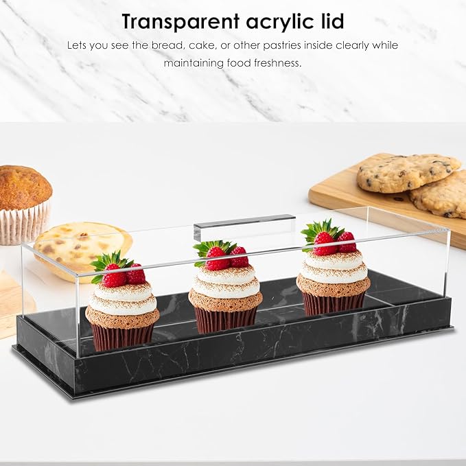 Rectangular Cake Tray with Lid, 14"x5" Acrylic Clear Cake Stand Platter, Marbleized Bakery Display Case Reusable Dessert Display Case Cake Tray for Countertop Cakes