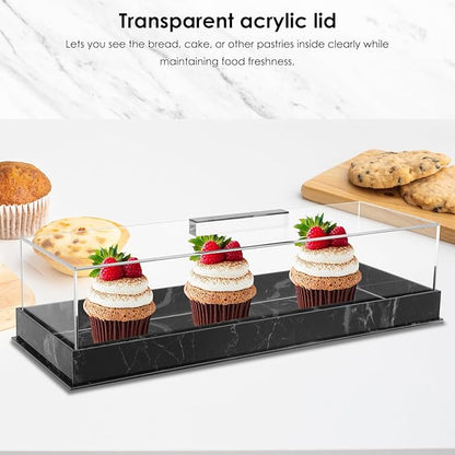 Rectangular Cake Tray with Lid, 14"x5" Acrylic Clear Cake Stand Platter, Marbleized Bakery Display Case Reusable Dessert Display Case Cake Tray for Countertop Cakes