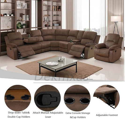 Recliner Sectional Sofa Set, Living Room Furniture Sets, Brown Corduroy Reclining Sectional Corner Sofa and Chair with Drop-Down Table, Cup Holder and Storage Console for Bedroom, Office