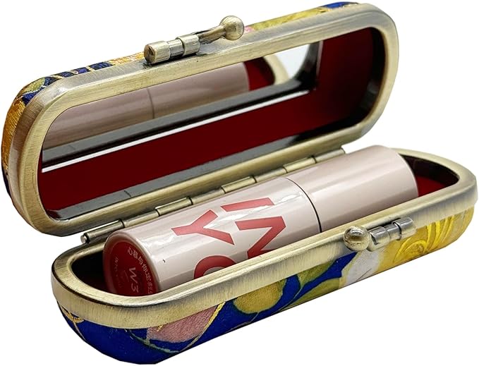 MIAO JIN Lipstick Case with Mirror Lipstick Holder Storage Bag Kiss Lock of Iron Mini Portable Vintage Floral Pattern Jewelry Cosmetic Case (Navy blue)