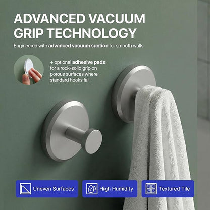 HOME SO Suction Cup Hooks for Shower & Bathroom Towel Holder 2-Pack – Suction Cups Hooks for Hanging Towels, Robes, & Coats - Tiles, Glass Door or Mirror – Shower Hooks & Towel Hooks Organizer -Nickel