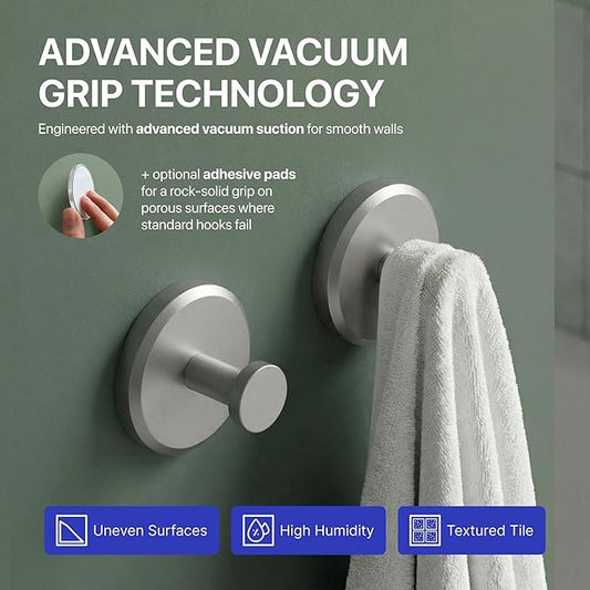 HOME SO Suction Cup Hooks for Shower & Bathroom Towel Holder 2-Pack – Suction Cups Hooks for Hanging Towels, Robes, & Coats - Tiles, Glass Door or Mirror – Shower Hooks & Towel Hooks Organizer -Nickel