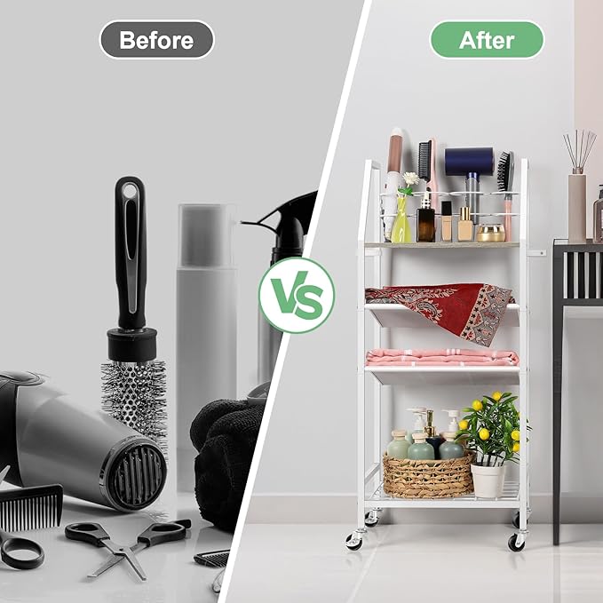 OYEAL White Bathroom Storage Cart Rolling Towel Cart On Wheels Freestanding Bathroom Shelf Unit with Hair Dryer Holder for Small Spaces, Living Room, Kitchen