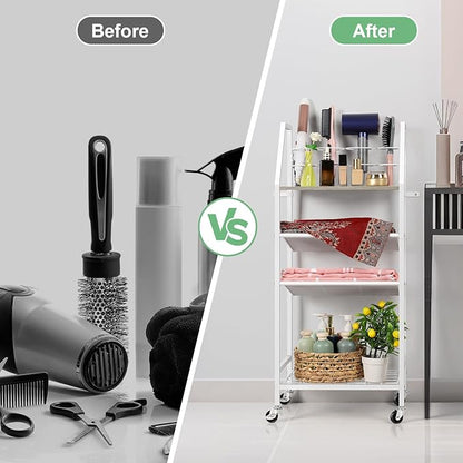 OYEAL White Bathroom Storage Cart Rolling Towel Cart On Wheels Freestanding Bathroom Shelf Unit with Hair Dryer Holder for Small Spaces, Living Room, Kitchen