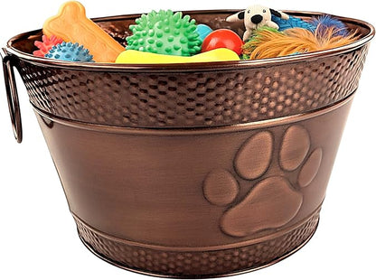 BREKX Metal Indestructible Dog Toy Bin - Storage Bin with Handles, Farmhouse Organizer Storage Basket for Pet Toys, Blankets, Leashes - Home Decor (Lead-Free Copper)