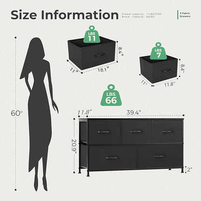 OLIXIS Dresser for Bedroom, 5 Storage Fabric Drawers, Metal Frame and Wooden Top, Tall Storage Drawer Dresser for Closet with Easy Pull Handles for Living Room, Entryway, Small Space Black
