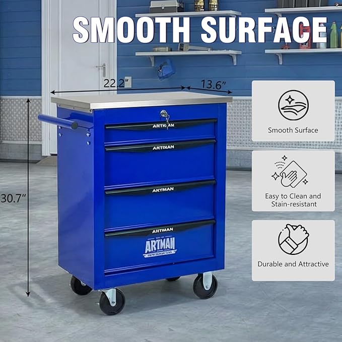 4-Drawer Rolling Tool Chest with Stainless Steel Countertop,Tool Chest with Secure Locking System,Mobile Storage Tool Cabinet with 360°Wheels and Padded Feet,for Home,Garage (Blue)
